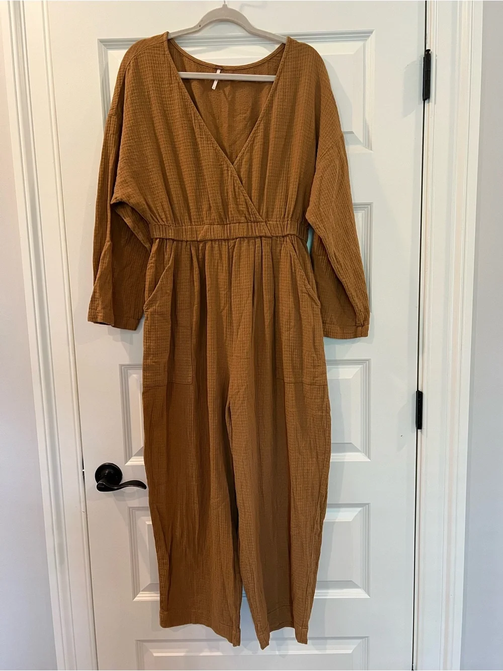 Free People Gauze Cotton Jumpsuit Large Camel Brown Oversized Boho Patch Pockets